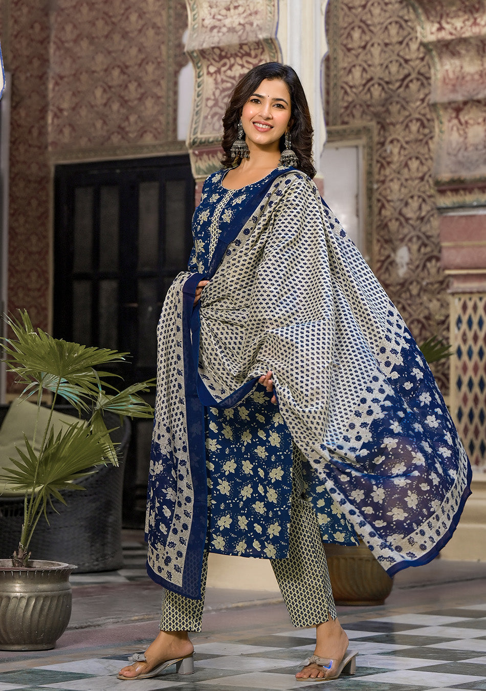 Blue Floral Printed Suit Set With Dupatta