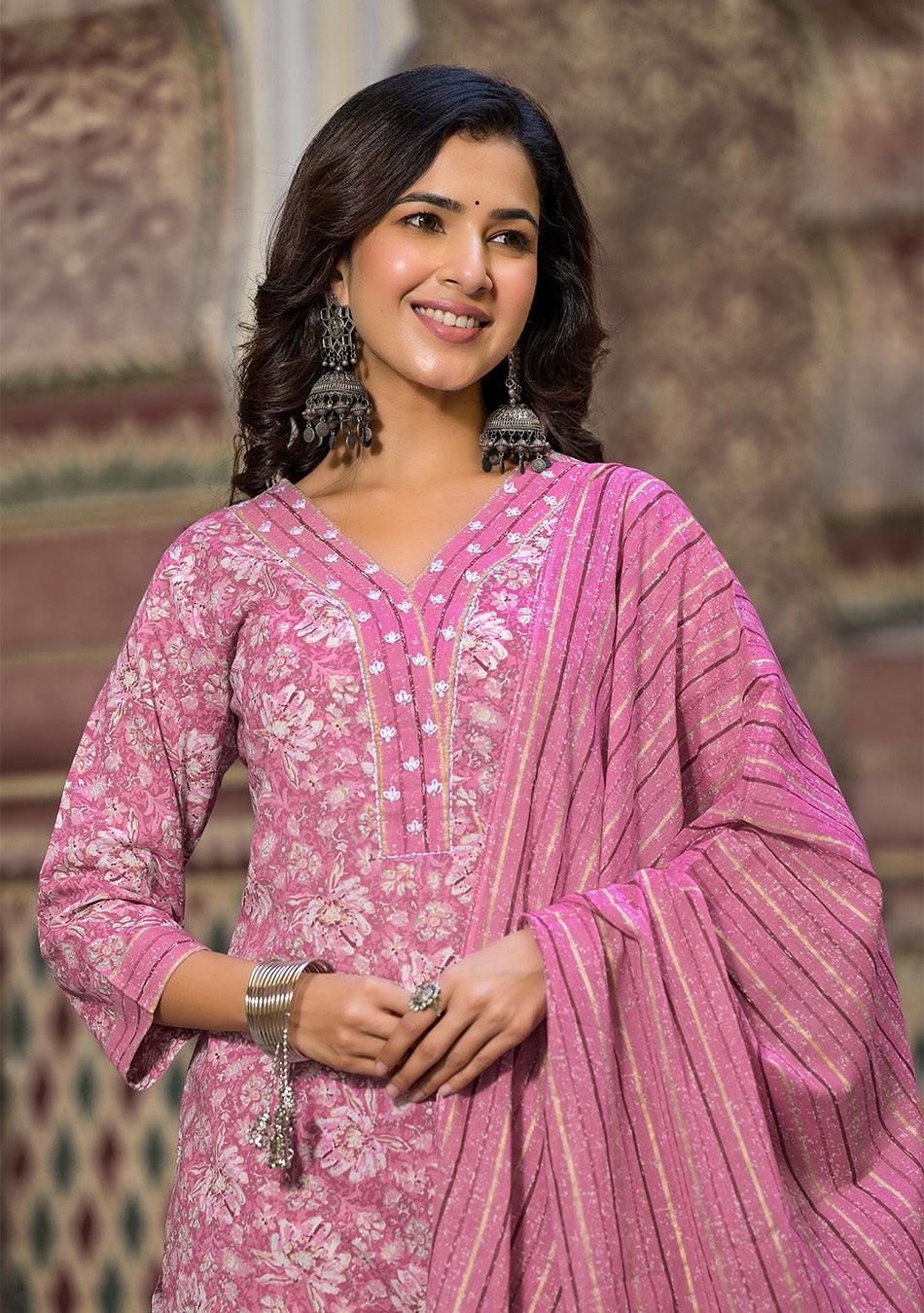 Pink Floral Printed Suit Pant with Dupatta