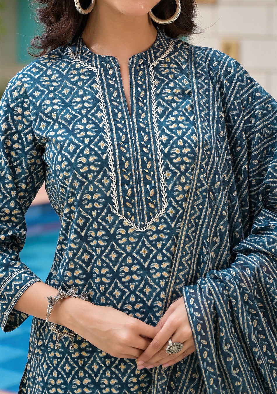 Royal Blue Printed Suit With Dupatta