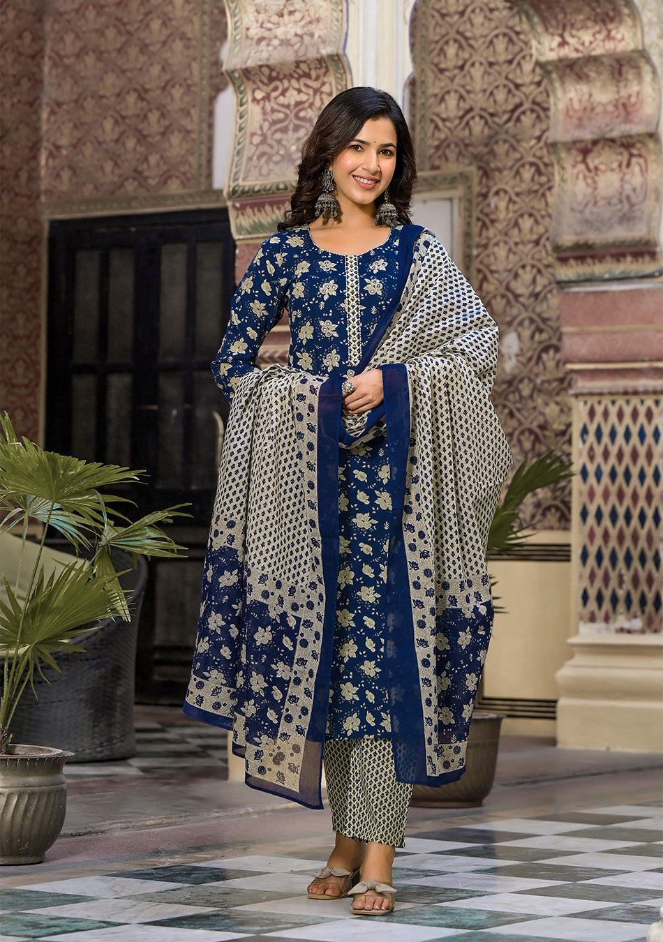 Blue Floral Printed Suit Set With Dupatta