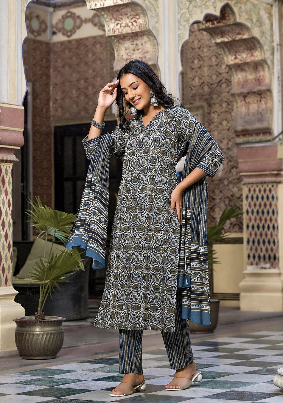 Grey and Blue Printed Suit With Dupatta