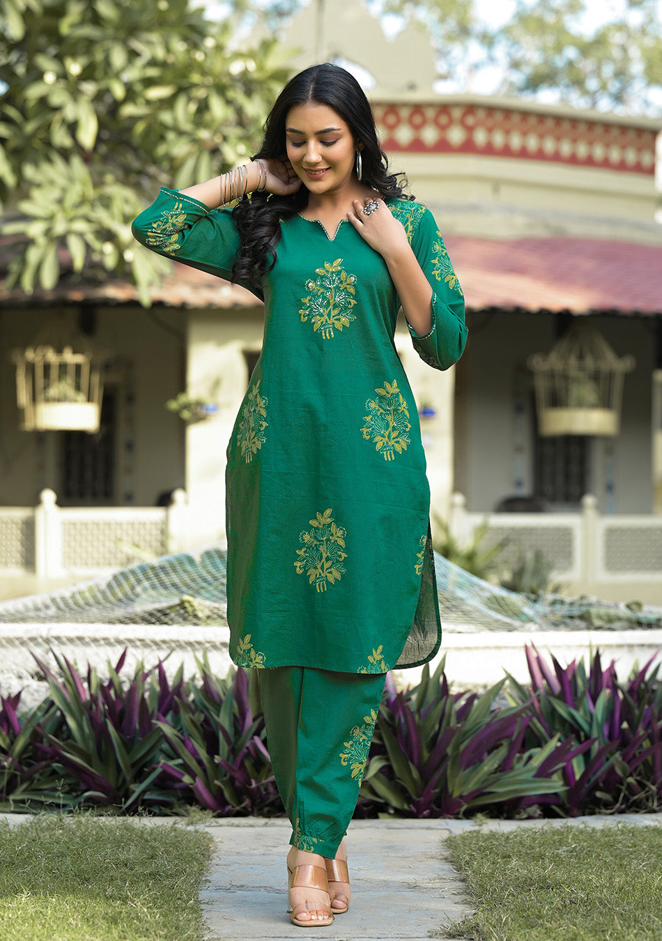 Green Hand Block Hand Embroidery Co-ord Set