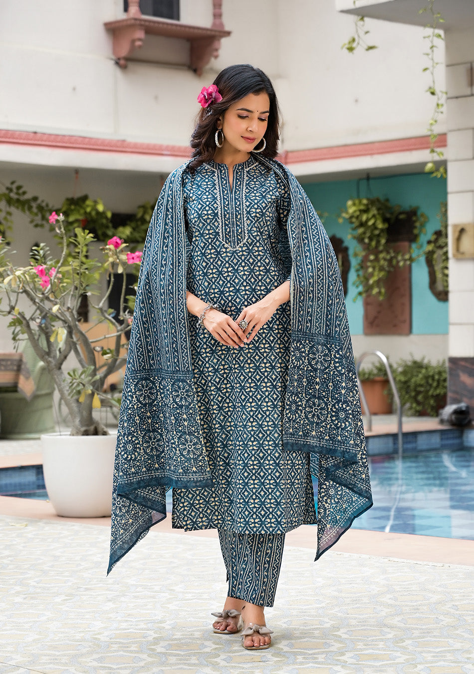 Royal Blue Printed Suit With Dupatta