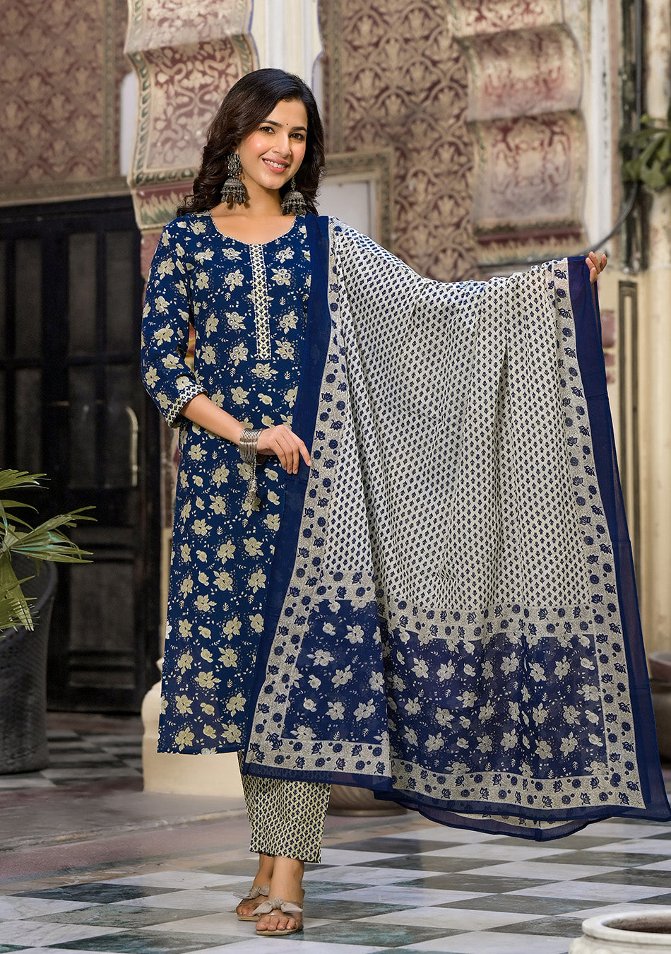 Blue Floral Printed Suit Set With Dupatta