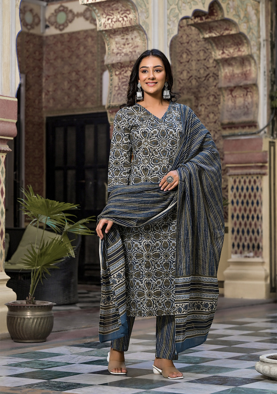 Grey and Blue Printed Suit With Dupatta