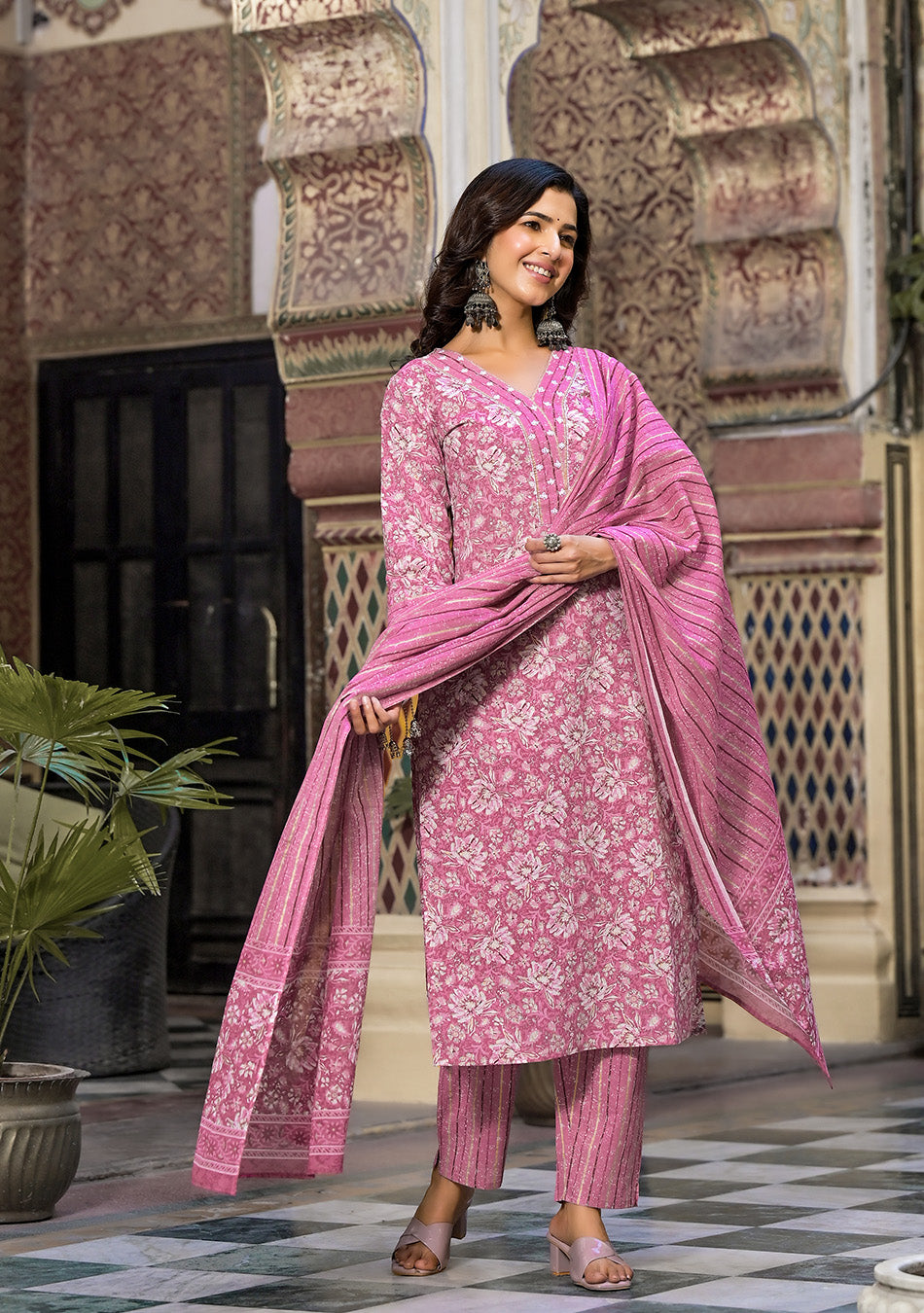 Pink Floral Printed Suit Pant with Dupatta