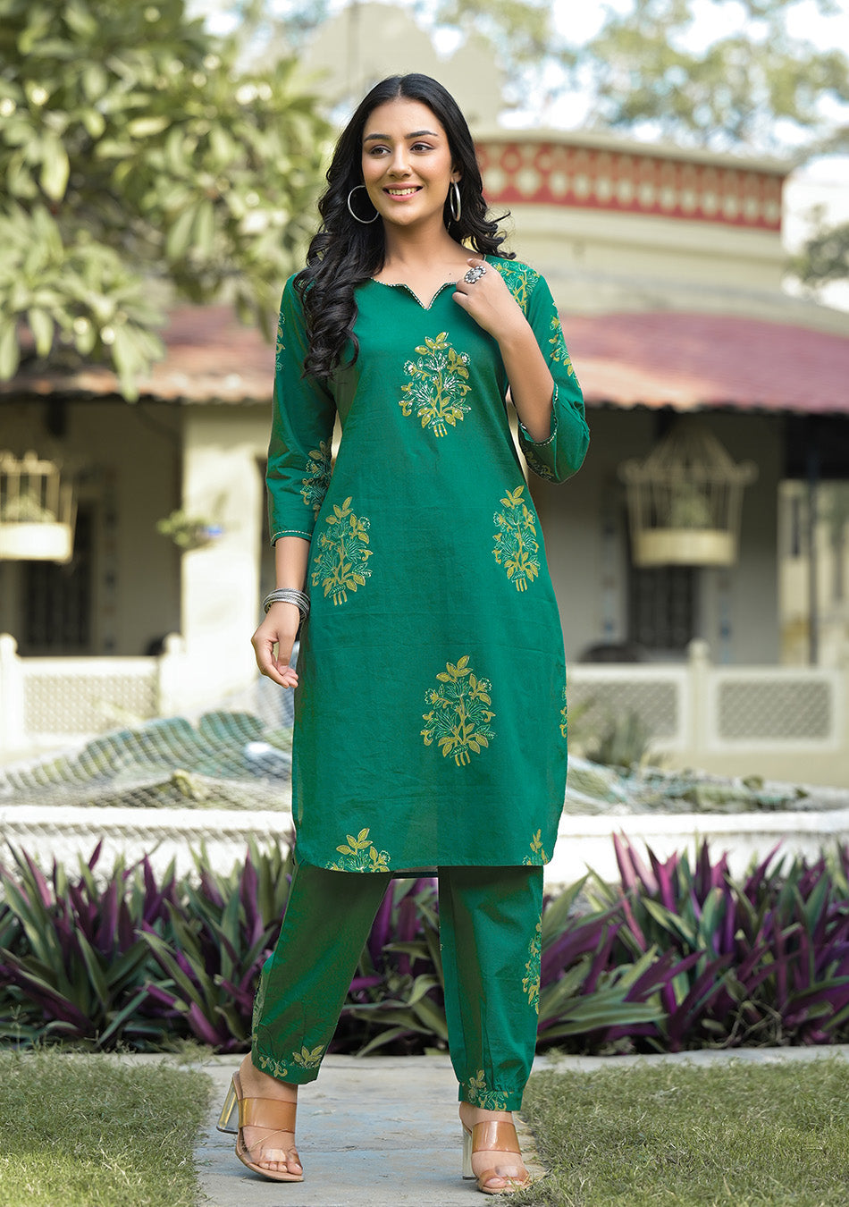 Green Hand Block And Hand Embroidery Co-ord Set