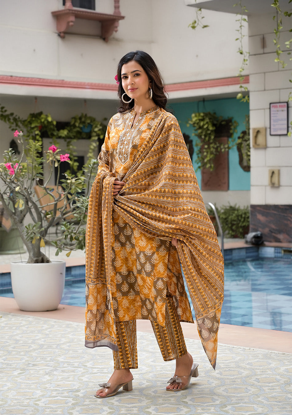 Brown and Mustard Suit Set with Dupatta