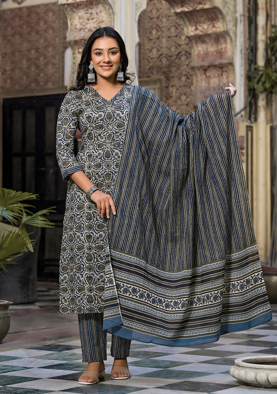 Grey and Blue Printed Suit With Dupatta