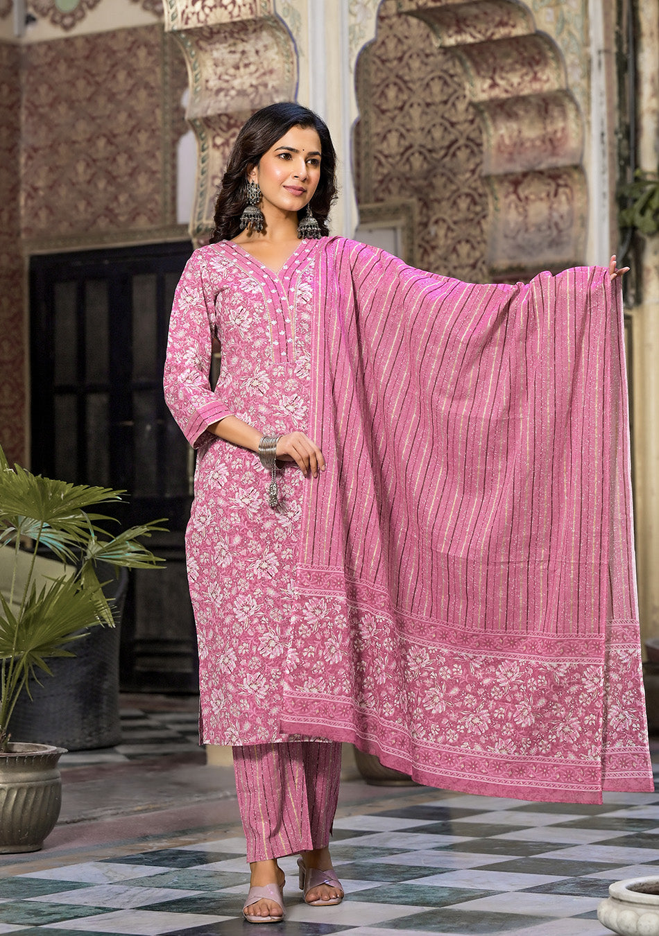 Pink Floral Printed Suit Pant with Dupatta
