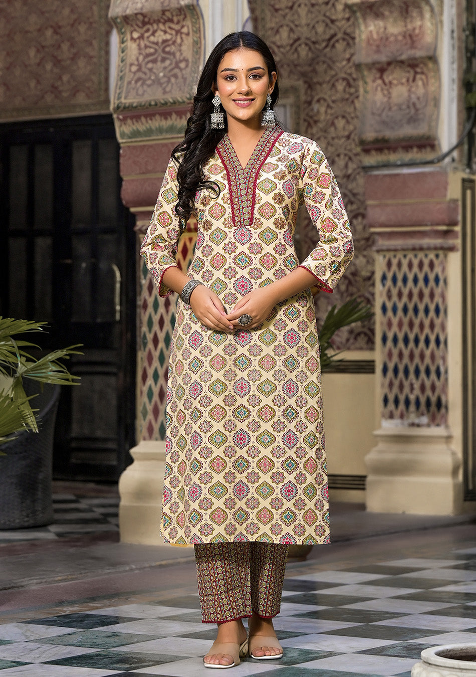 Patterned Beige and Maroon Suit With Dupatta