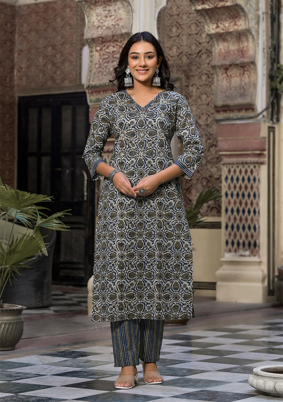 Grey and Blue Printed Suit With Dupatta