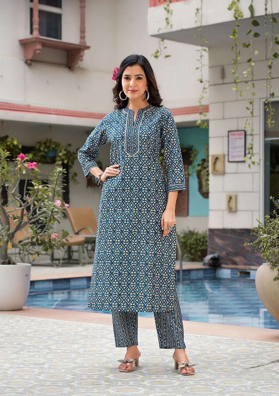 Royal Blue Printed Suit With Dupatta