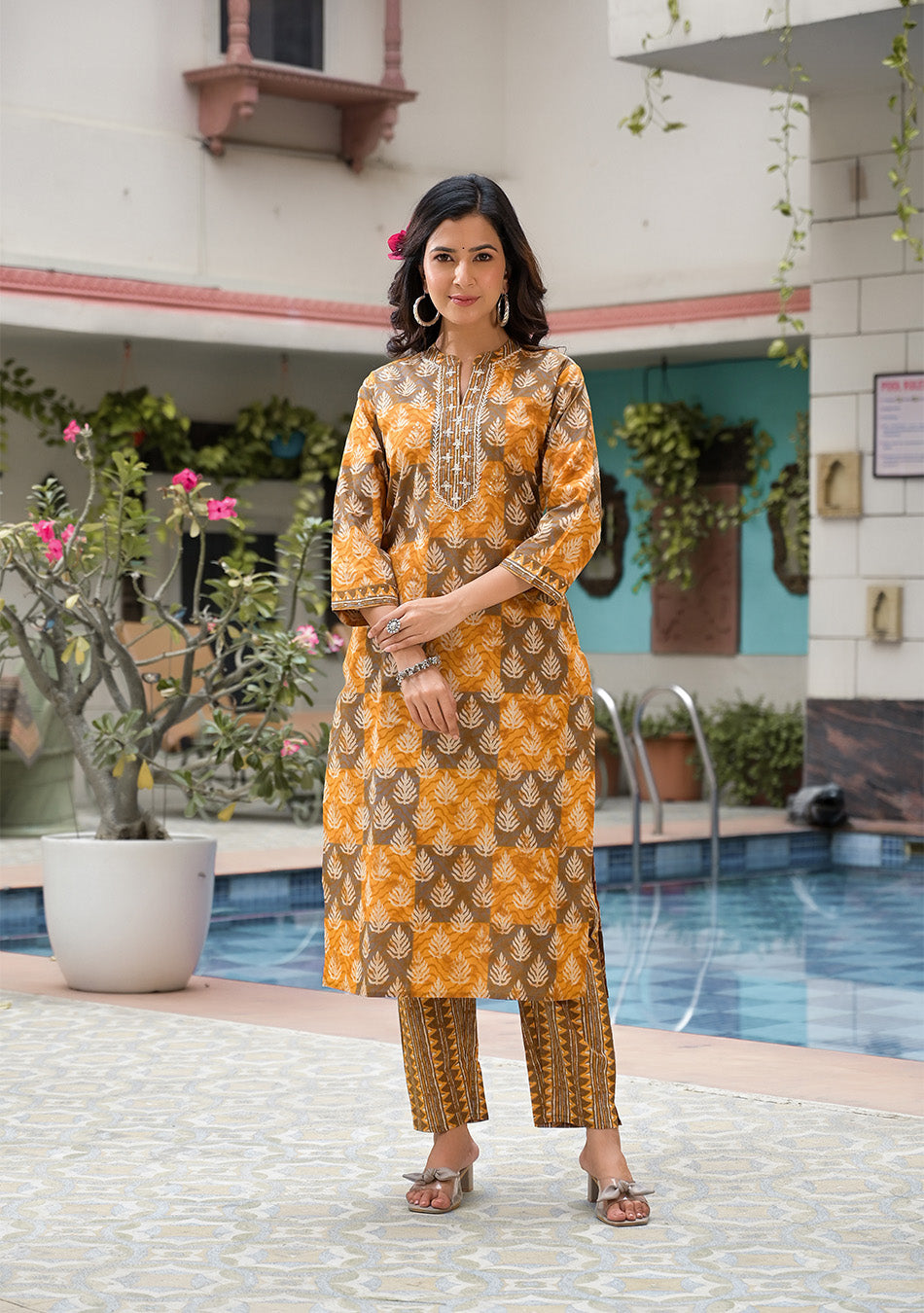 Brown and Mustard Suit Set with Dupatta