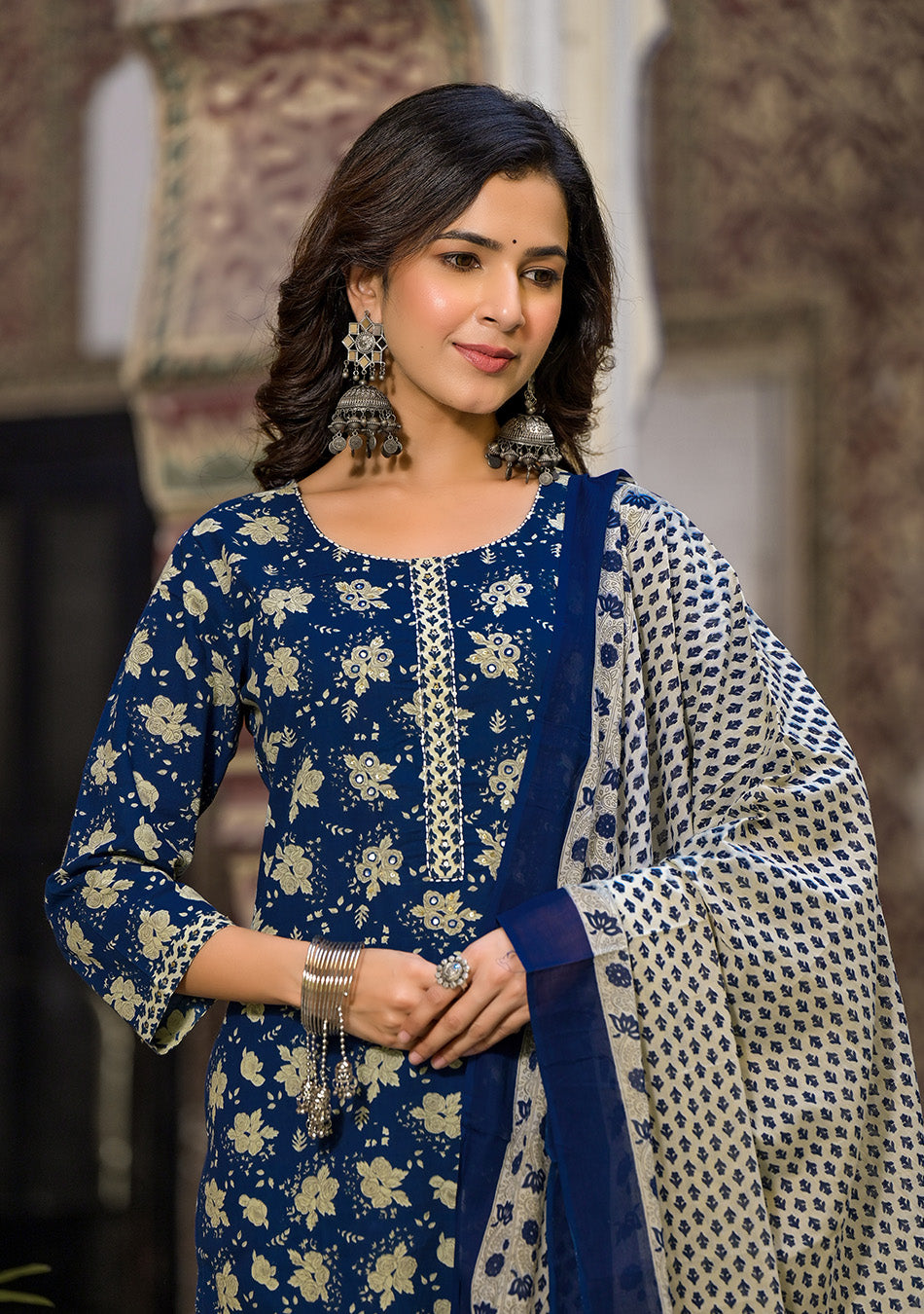 Blue Floral Printed Suit Set With Dupatta