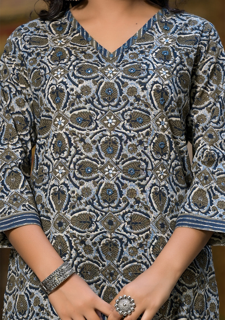 Grey and Blue Printed Suit With Dupatta