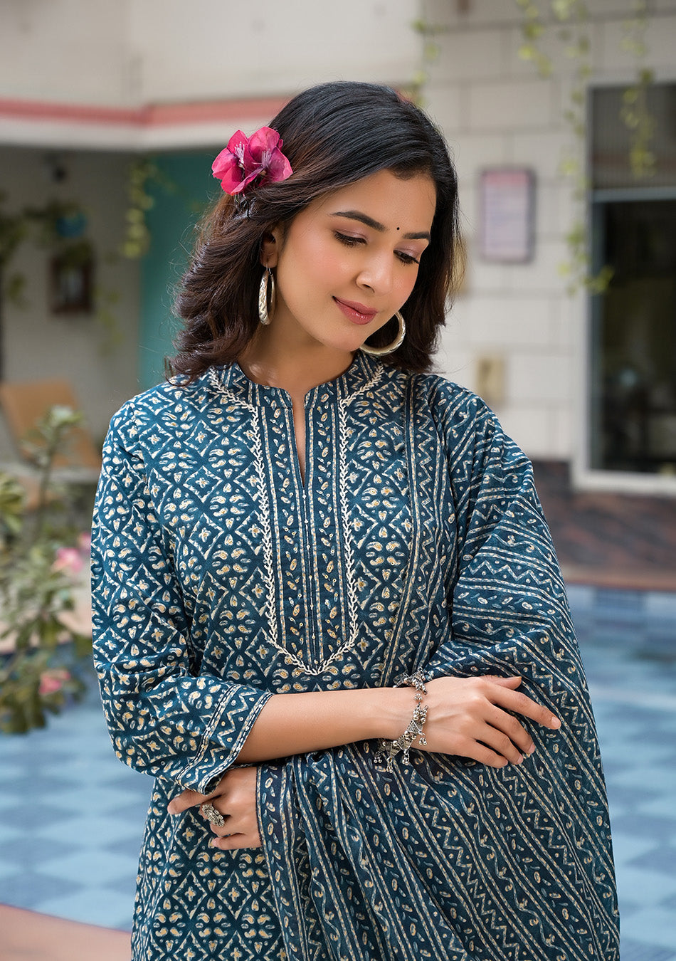 Royal Blue Printed Suit With Dupatta