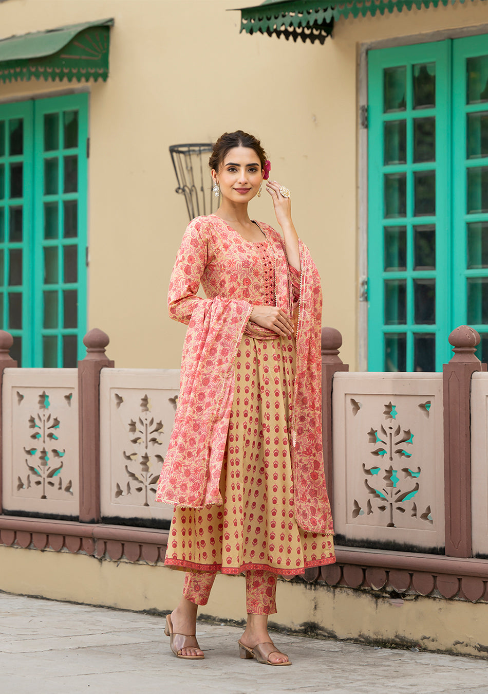 Peach Floral Print Pure Cotton Anarkali Kurta & Trouser with Dupatta
