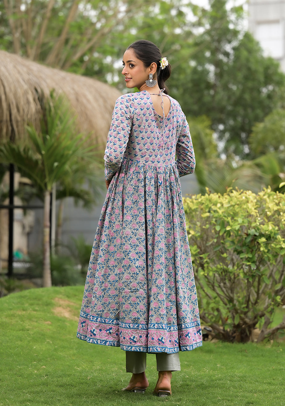 Floral Printed Round Neck Pure Cotton Anarkali Kurta With Trousers & Dupatta