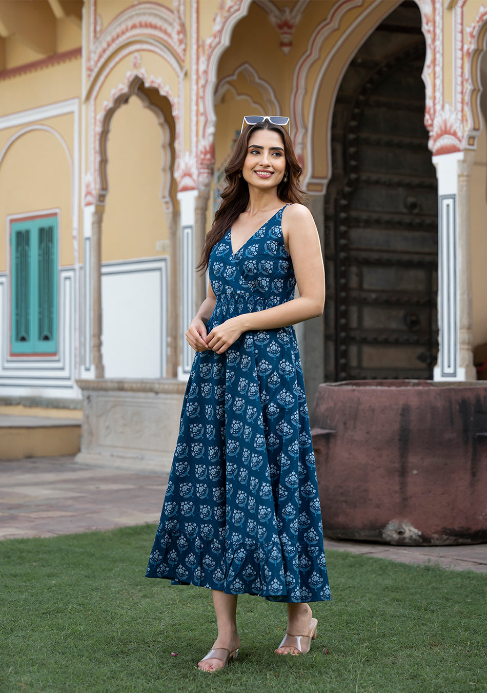 Indigo Blue Floral Print Pure Cotton Fit & Flare Dress