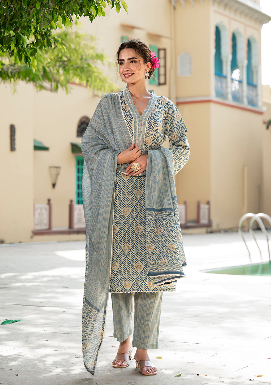 Grey Floral Print Pure Cotton Straight Kurta & Trouser with Dupatta