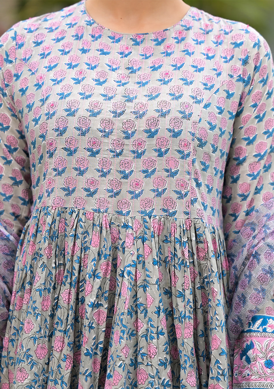 Floral Printed Round Neck Pure Cotton Anarkali Kurta With Trousers & Dupatta