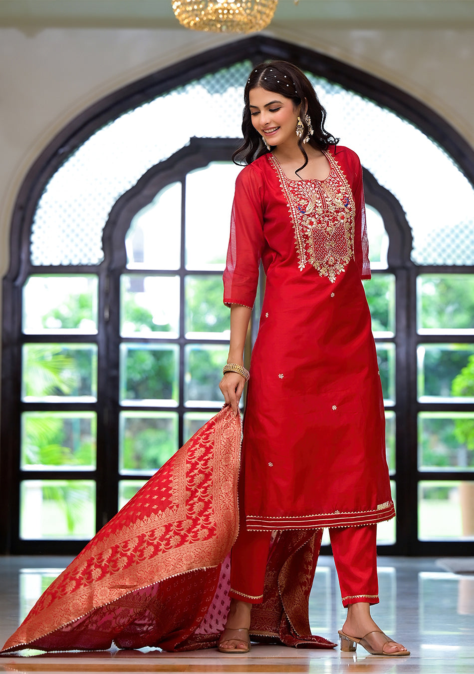 Red Embroidered Chanderi Silk Kurta pants with Banarashi Dupatta