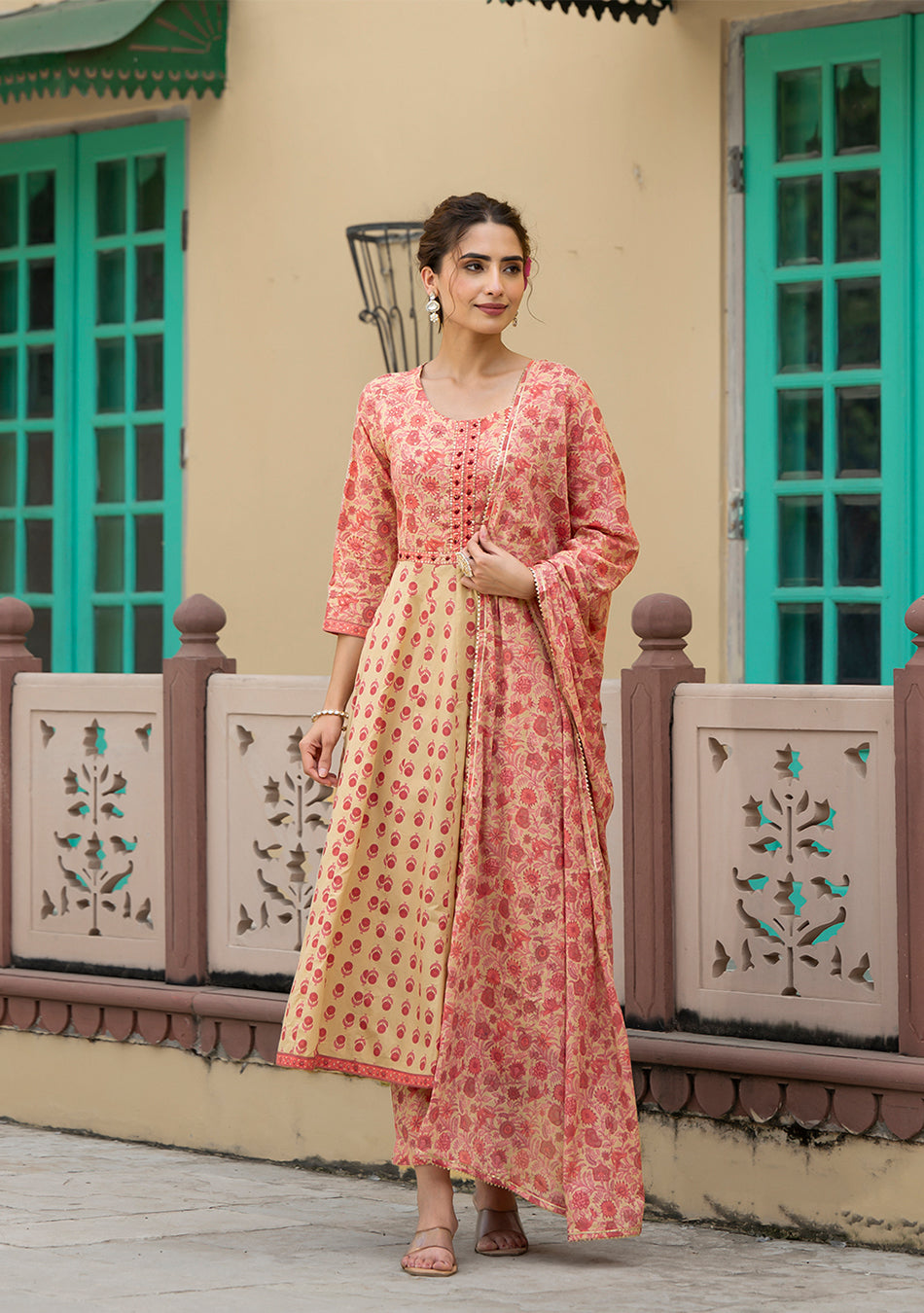 Peach Floral Print Pure Cotton Anarkali Kurta & Trouser with Dupatta