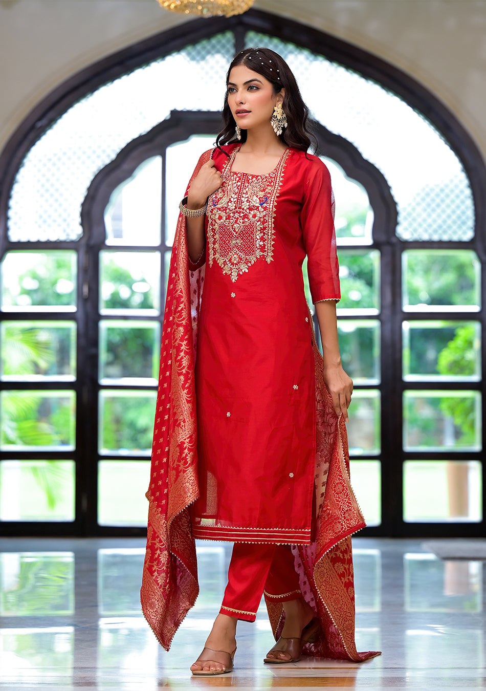 Red Embroidered Chanderi Silk Kurta pants with Banarashi Dupatta