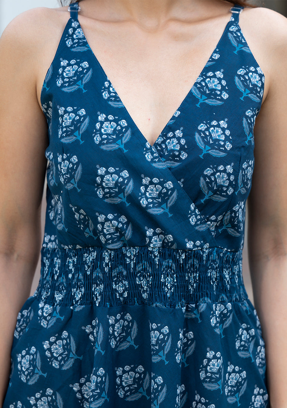 Indigo Blue Floral Print Pure Cotton Fit & Flare Dress