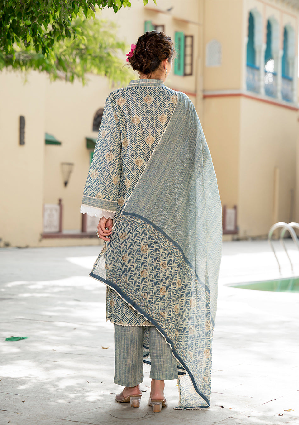 Grey Floral Print Pure Cotton Straight Kurta & Trouser with Dupatta