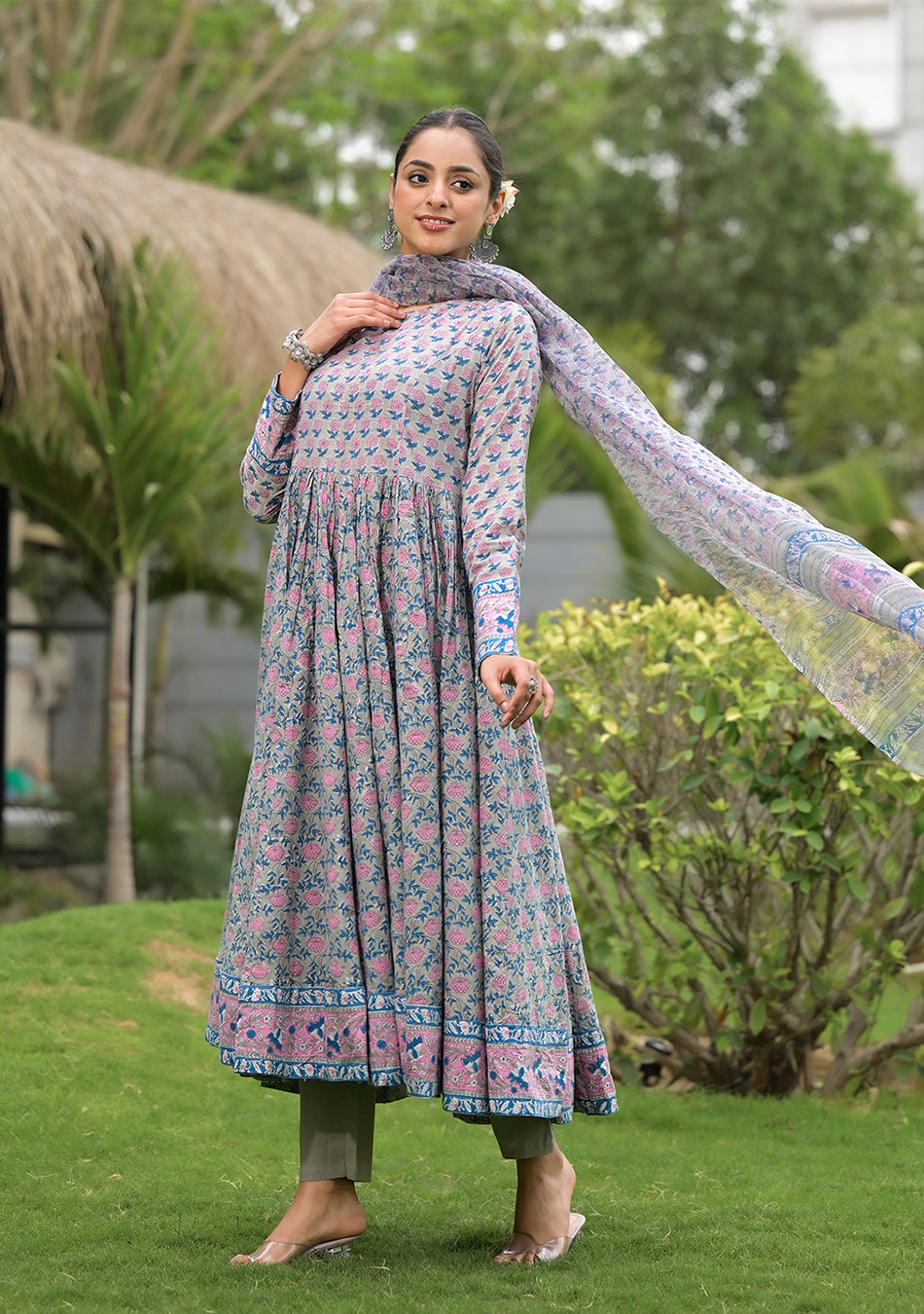 Floral Printed Round Neck Pure Cotton Anarkali Kurta With Trousers & Dupatta