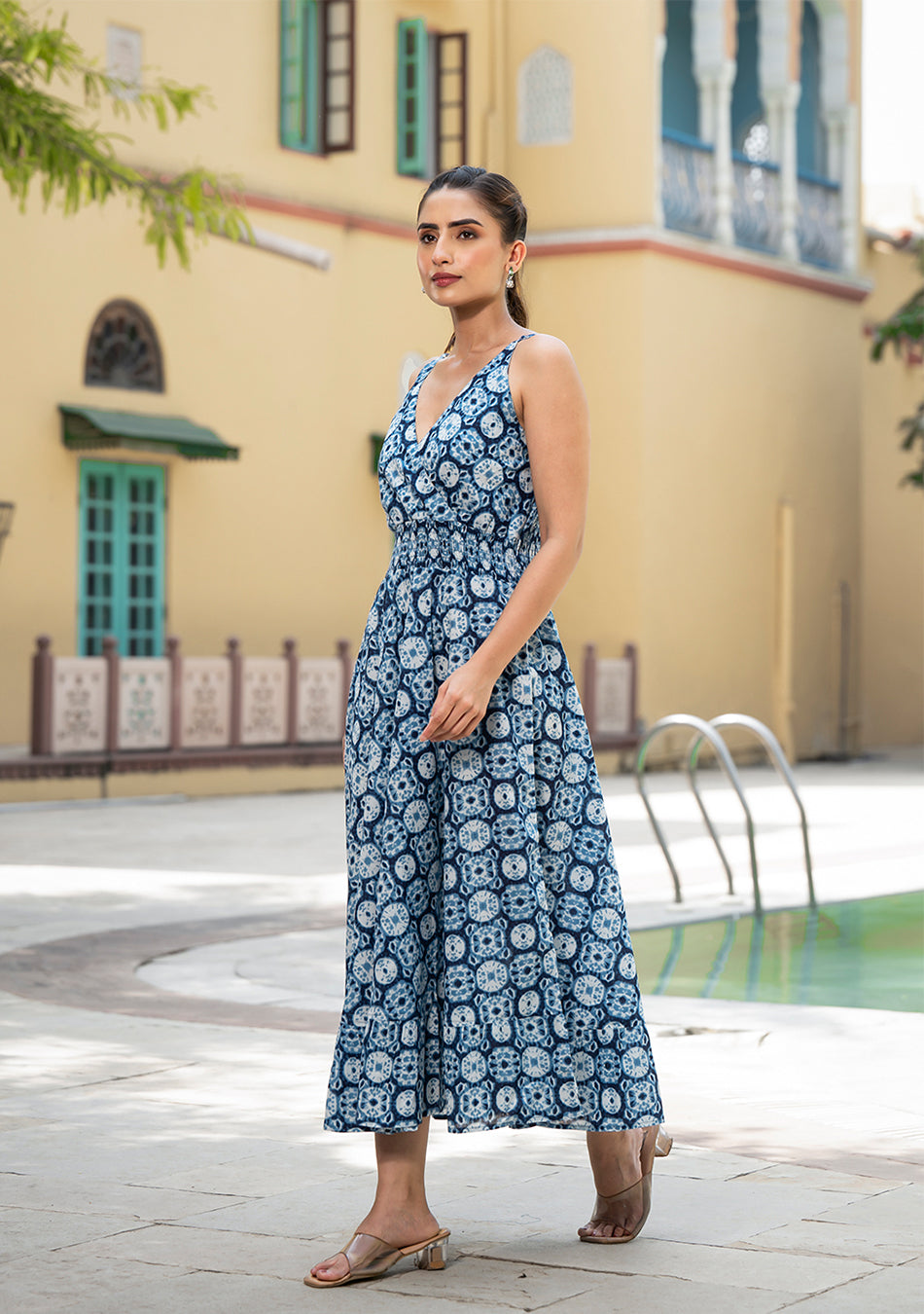 Blue Floral Print Pure Cotton Fit & Flare Dress