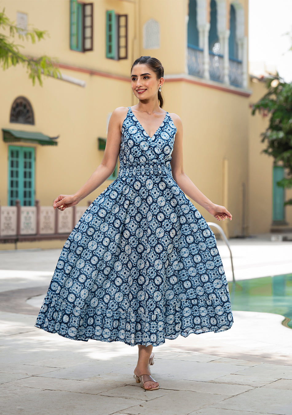 Blue Floral Print Pure Cotton Fit & Flare Dress