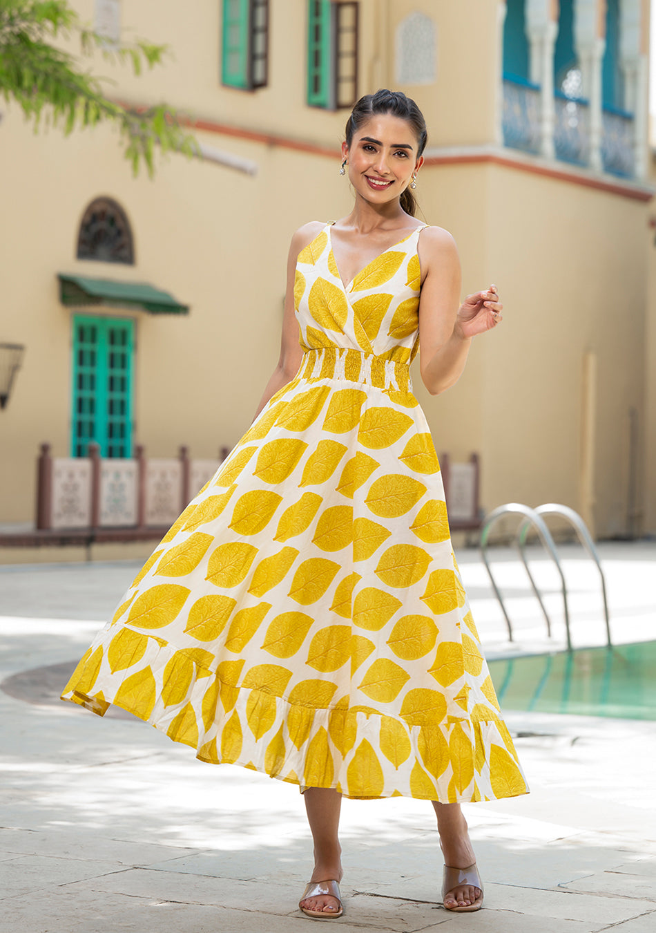 Yellow Printed Pure Cotton Fit & Flare Dress