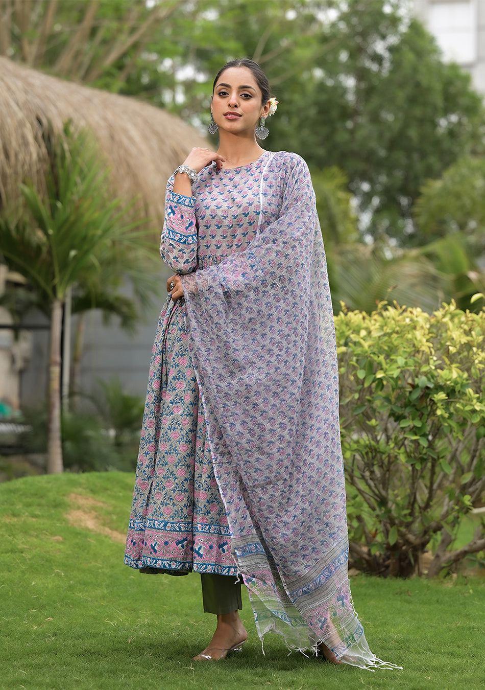 Floral Printed Round Neck Pure Cotton Anarkali Kurta With Trousers & Dupatta