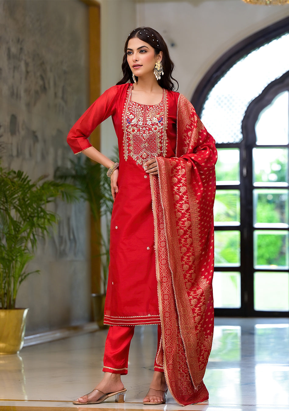 Red Embroidered Chanderi Silk Kurta pants with Banarashi Dupatta