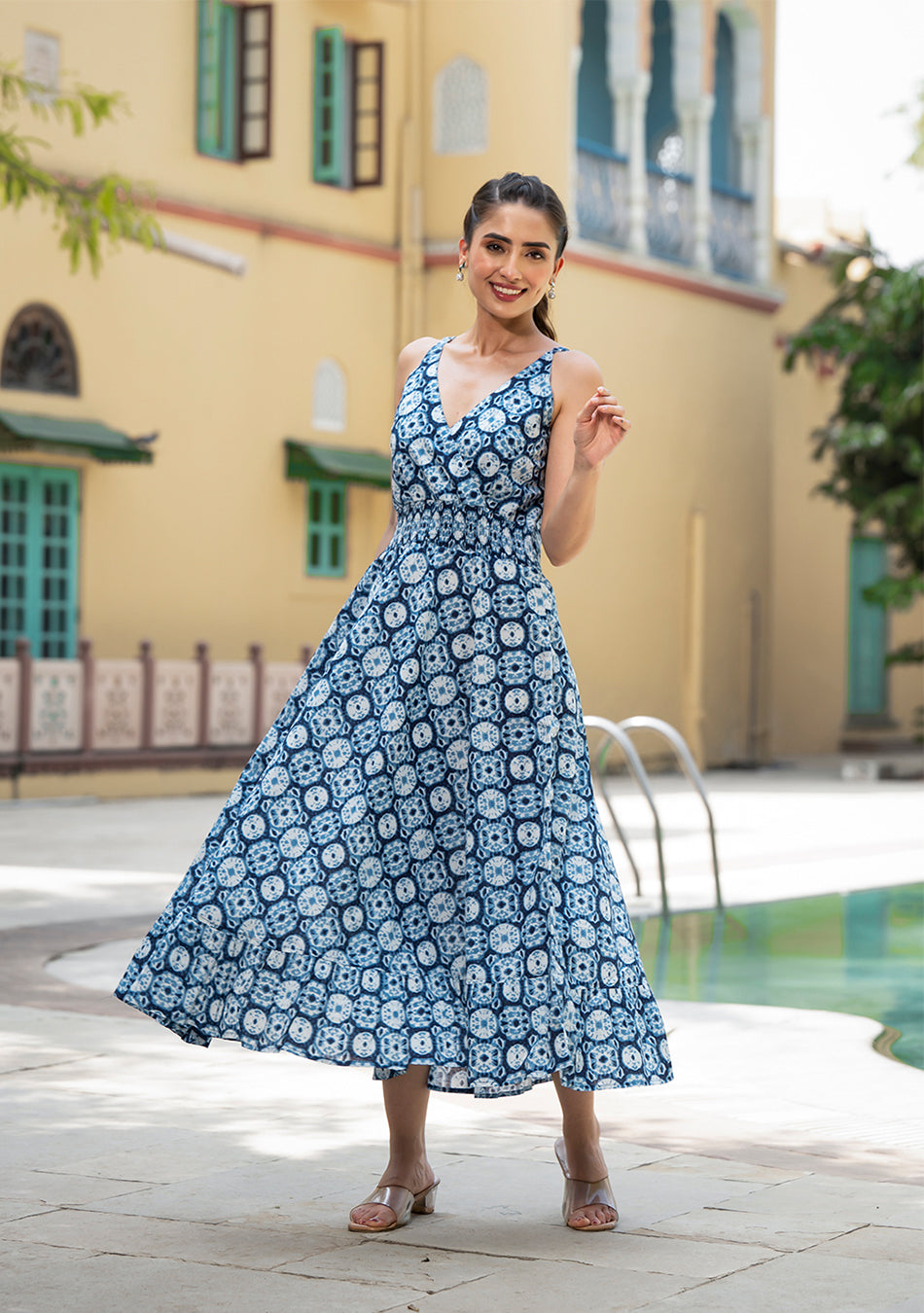 Blue Floral Print Pure Cotton Fit & Flare Dress