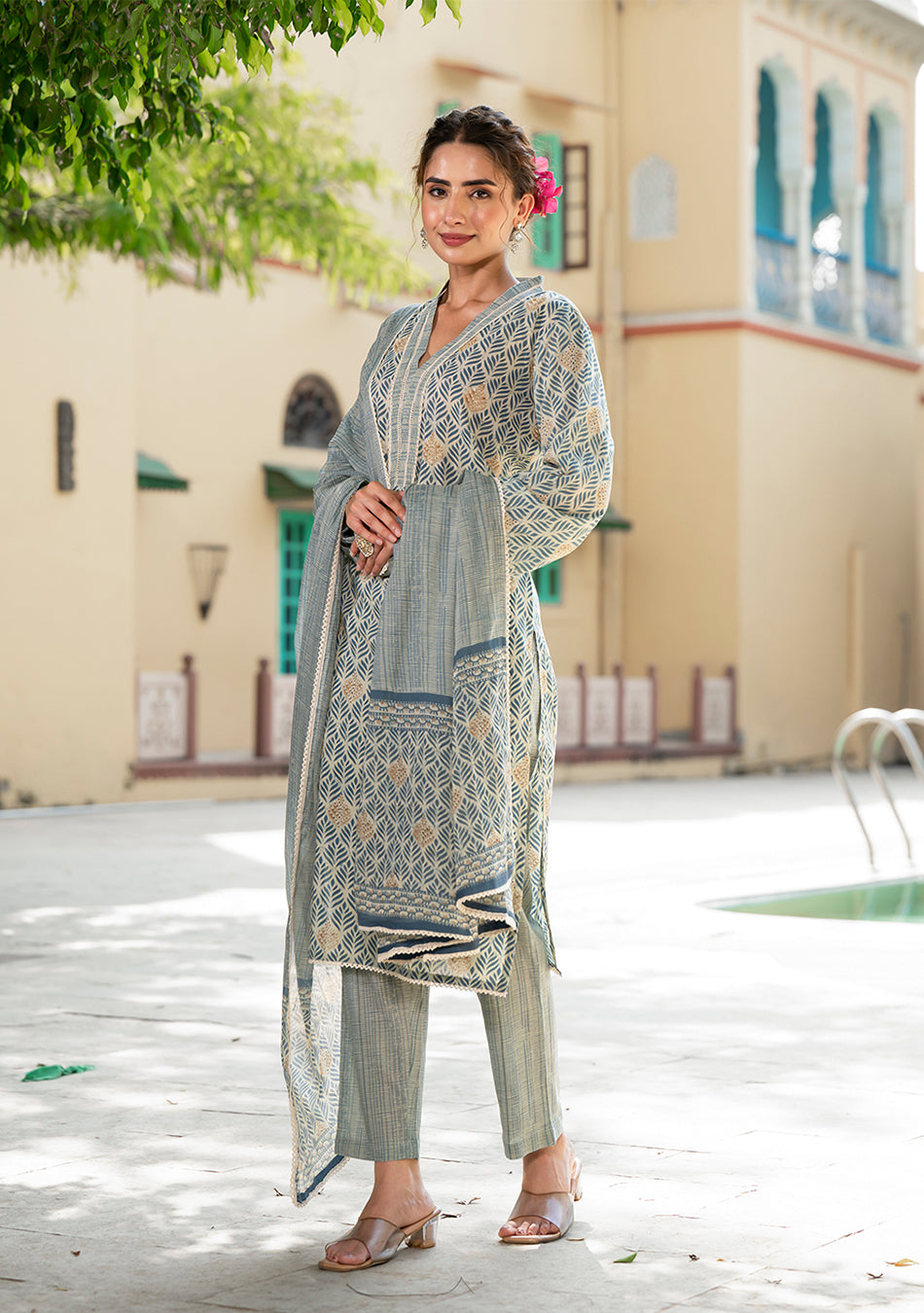 Grey Floral Print Pure Cotton Straight Kurta & Trouser with Dupatta