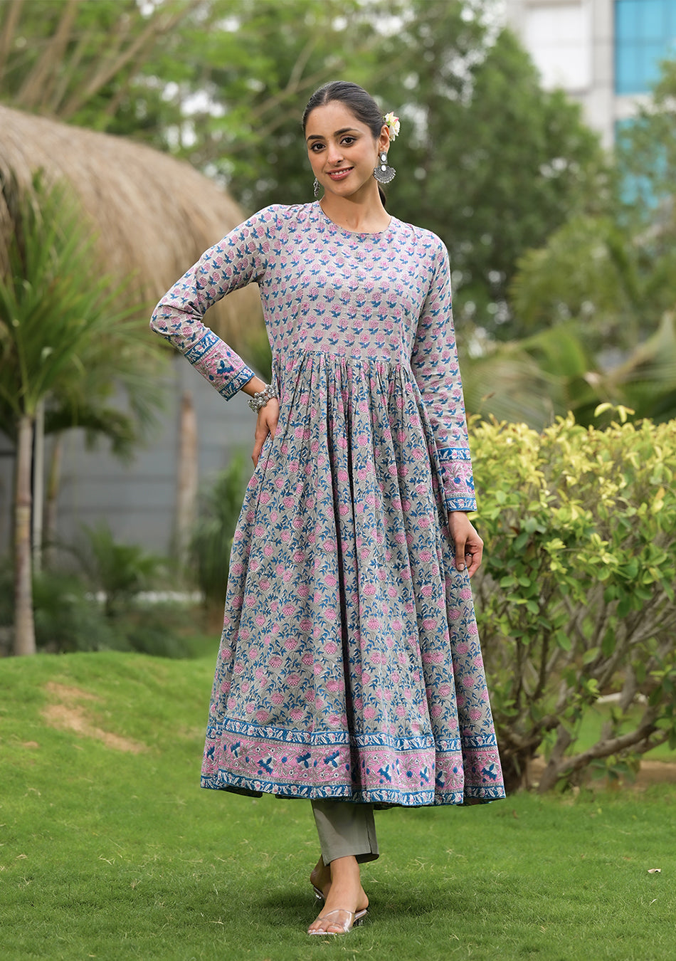 Floral Printed Round Neck Pure Cotton Anarkali Kurta With Trousers & Dupatta