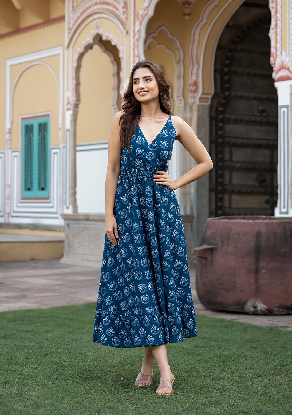 Indigo Blue Floral Print Pure Cotton Fit & Flare Dress