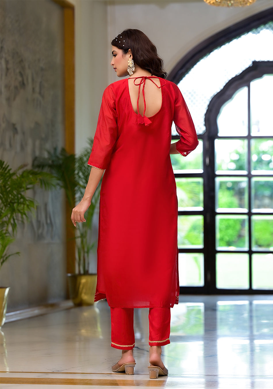 Red Embroidered Chanderi Silk Kurta pants with Banarashi Dupatta