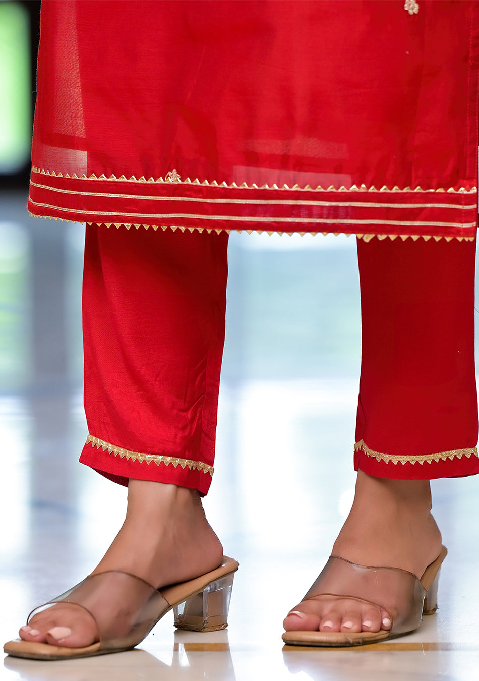 Red Embroidered Chanderi Silk Kurta pants with Banarashi Dupatta