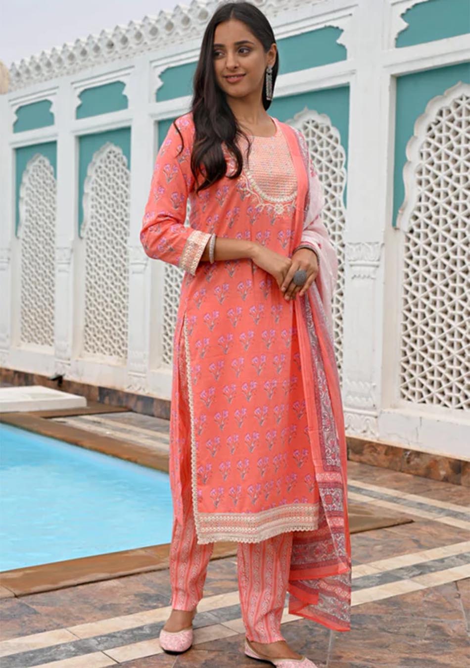 Coral Floral Kameez & Pant Set