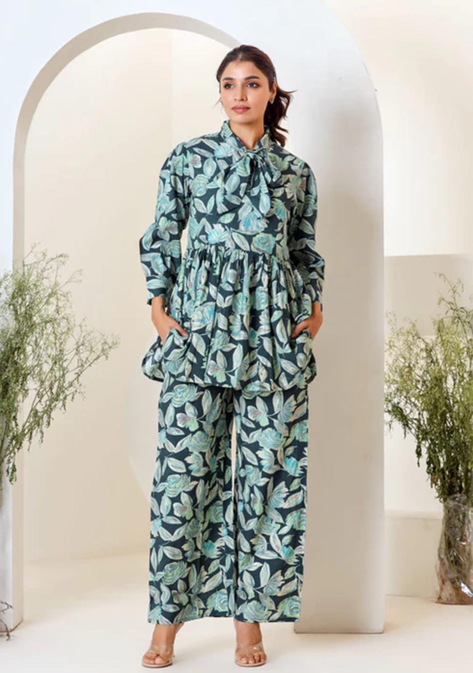 Green Floral Print Muslin Peplum Top With Bell-Bottom