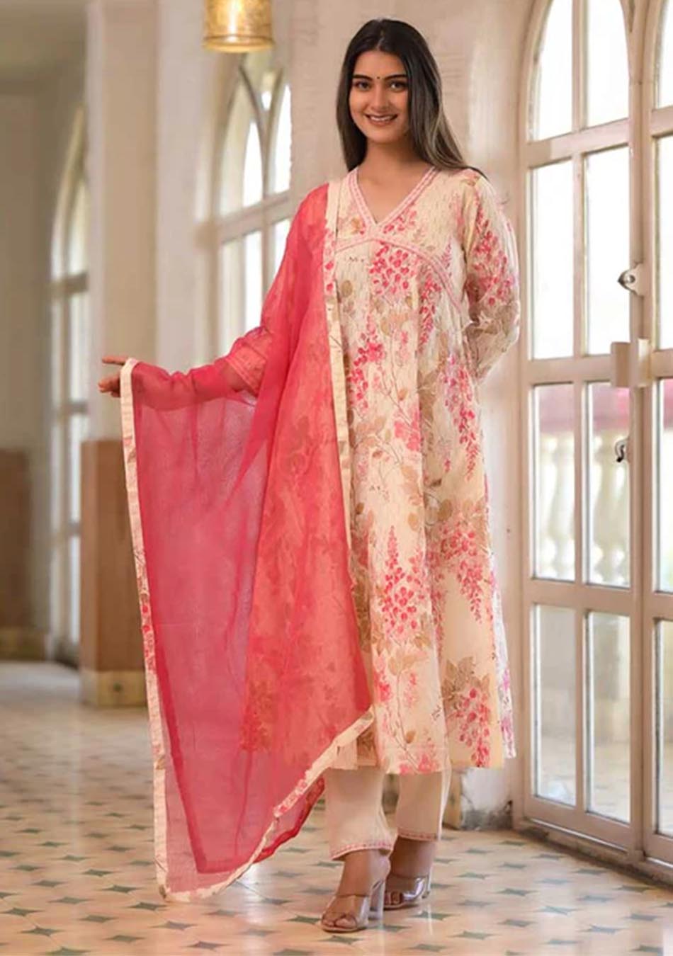 White & deep pink Cotton Print Set with Dupatta