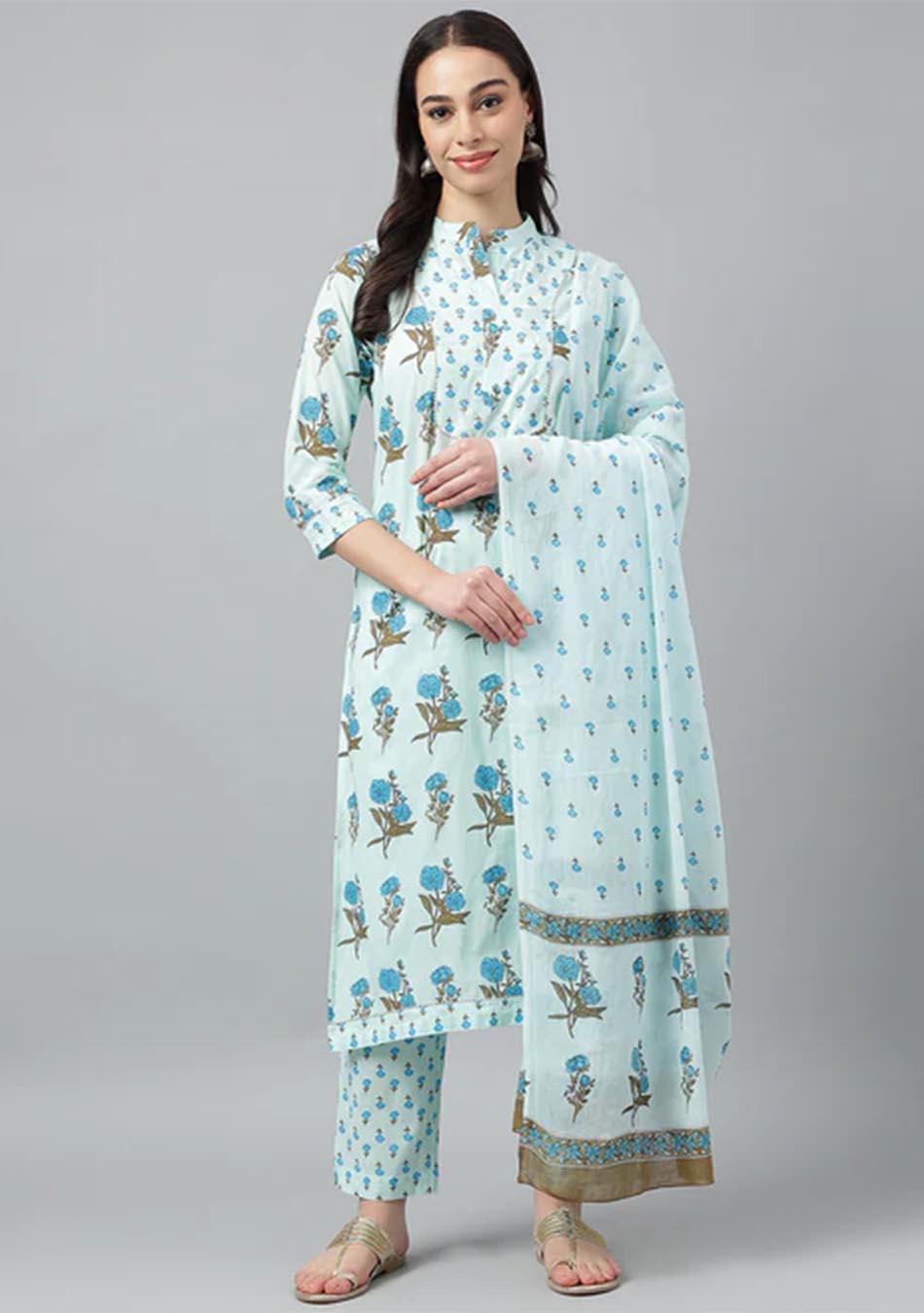 Light Blue Floral Print kurta Pant set with Dupatta