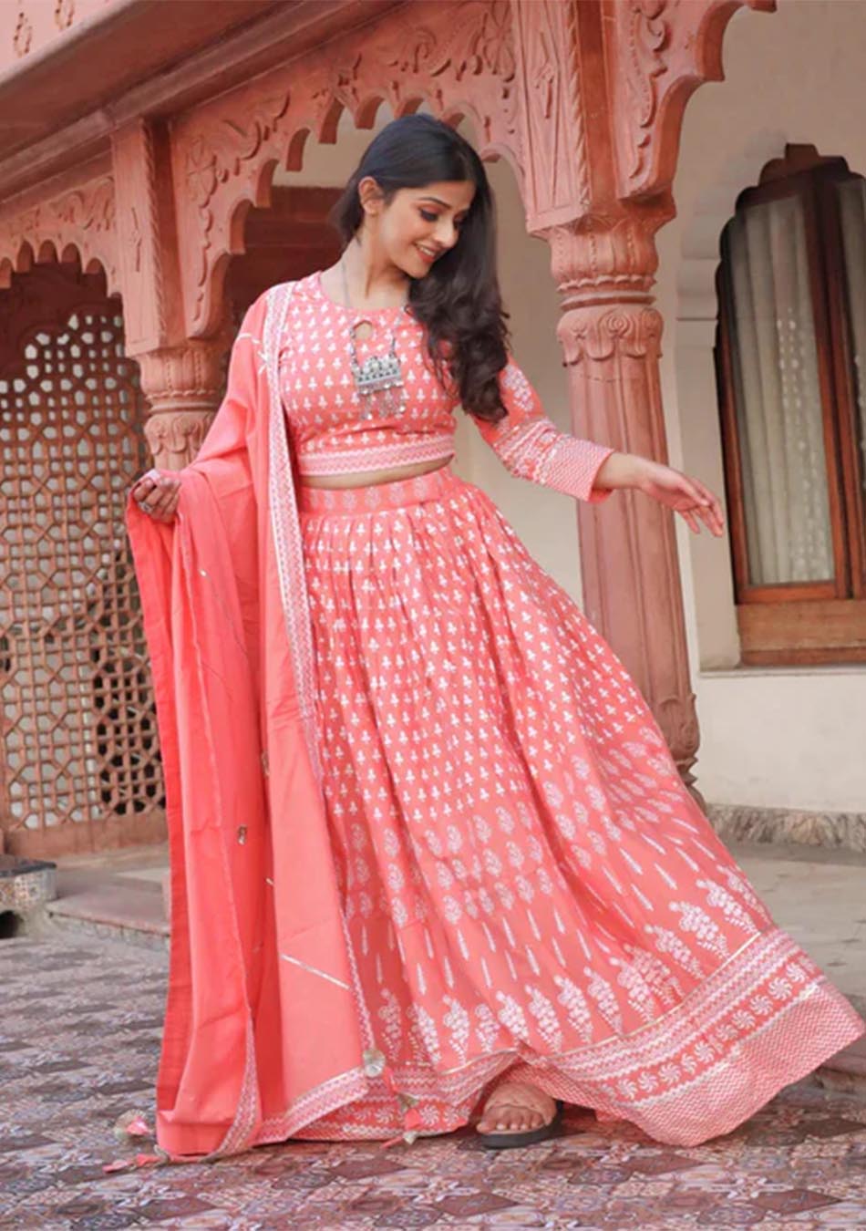 Pink Printed Crop Top, lehenga with Dupatta set
