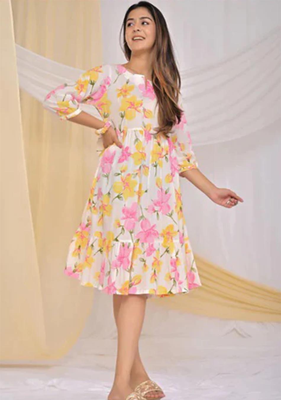 Pink & Yellow Print Cotton Short Dress