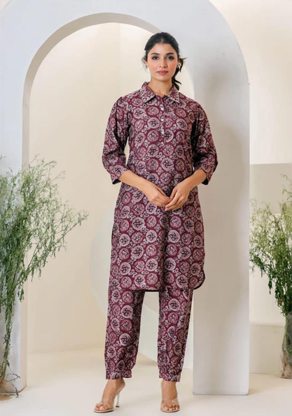 Maroon Print Muslin Kurta With  Hem  Cuffed Pant Set